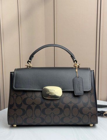 Сумка женская кожаная Coach Eliza Top Logo Brown Black коричневая черная сумка женская
