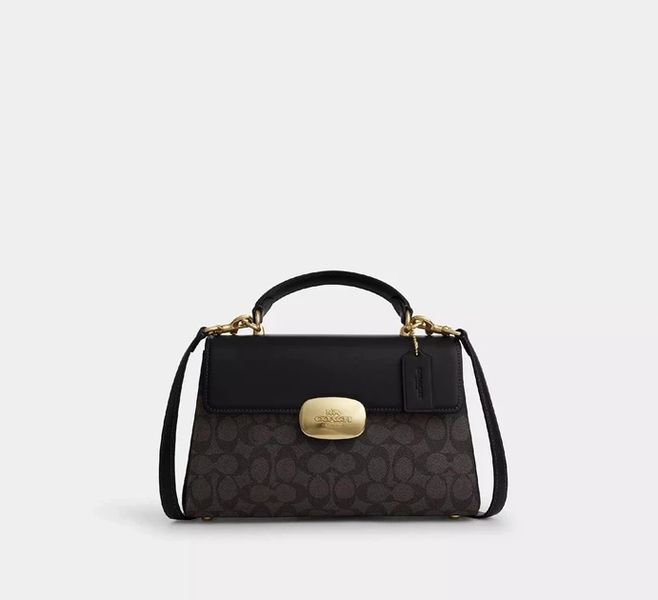 Сумка жіноча шкіряна Coach Eliza Top Logo Brown Black коричнева чорна сумка жіноча COA09374 фото
