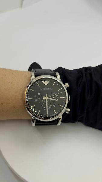 Чоловічий годинник Emporio Armani Luigi AR1828 з хронографом (Сріблястий / Чорний шкіряний ремінець)