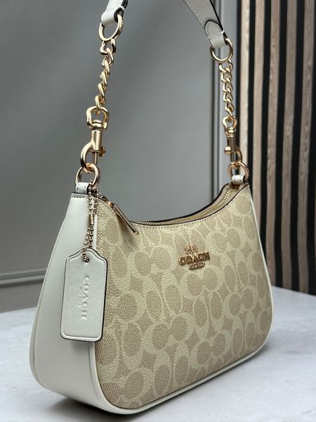 Женская сумка Coach Teri Shoulder Bag Signature Canvas Light Khaki Кросбоди Багет Белая