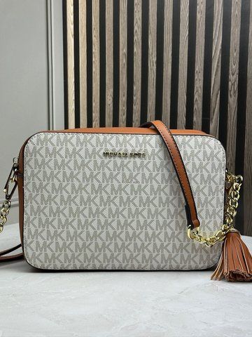 Жіноча сумка через плече Michael Kors Jet Set біло-коричнева з монограмою