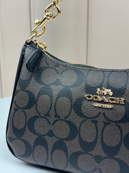 Жіноча сумка Coach Signature Canvas коричнево-чорна через плече