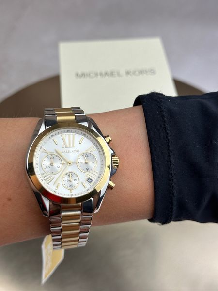 Жіночий годинник Michael Kors Bradshaw MK5974 з хронографом (Сріблястий з золотом / Білий циферблат)
